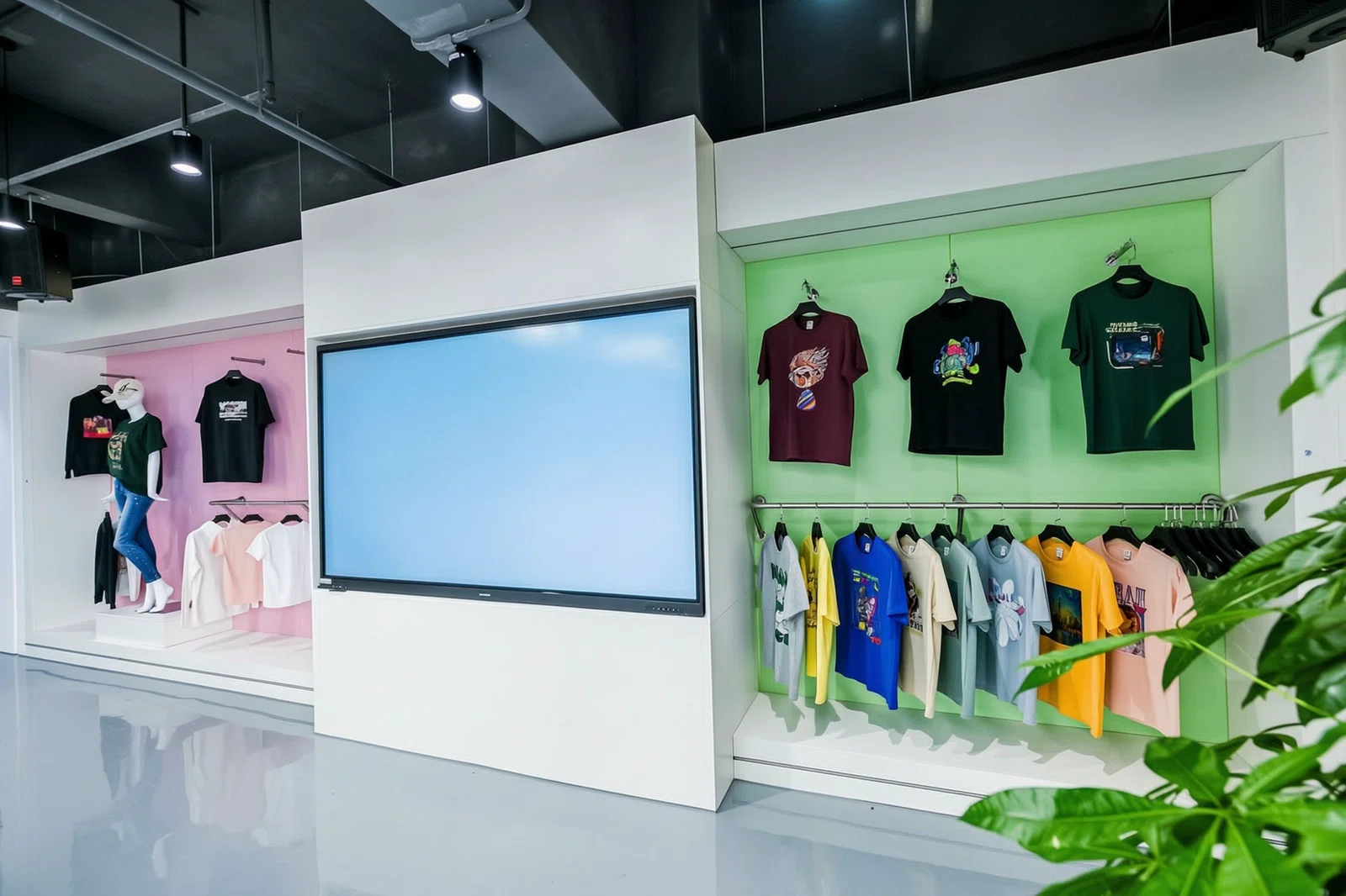 Showroom display wall featuring a range of printed t-shirts