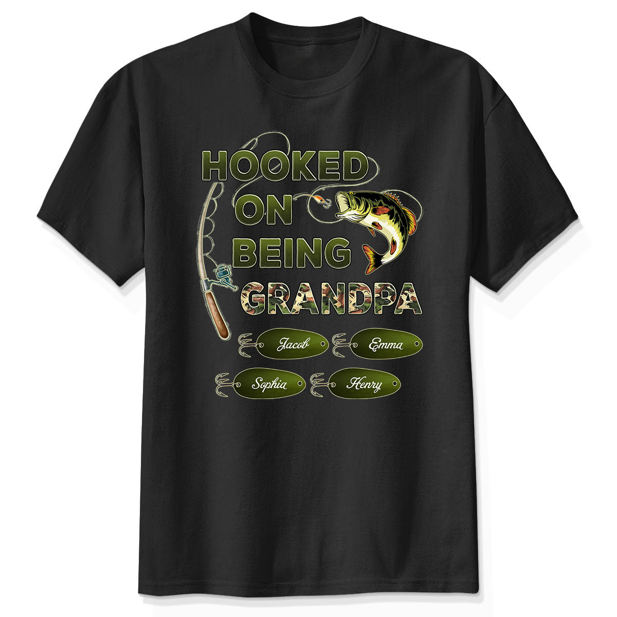 Accro à être Papi Papa Pêche Camouflage T-shirt Foncé Personnalisé, Cadeau de Fête des Pères pour Papi, Papa, Mari — Noir