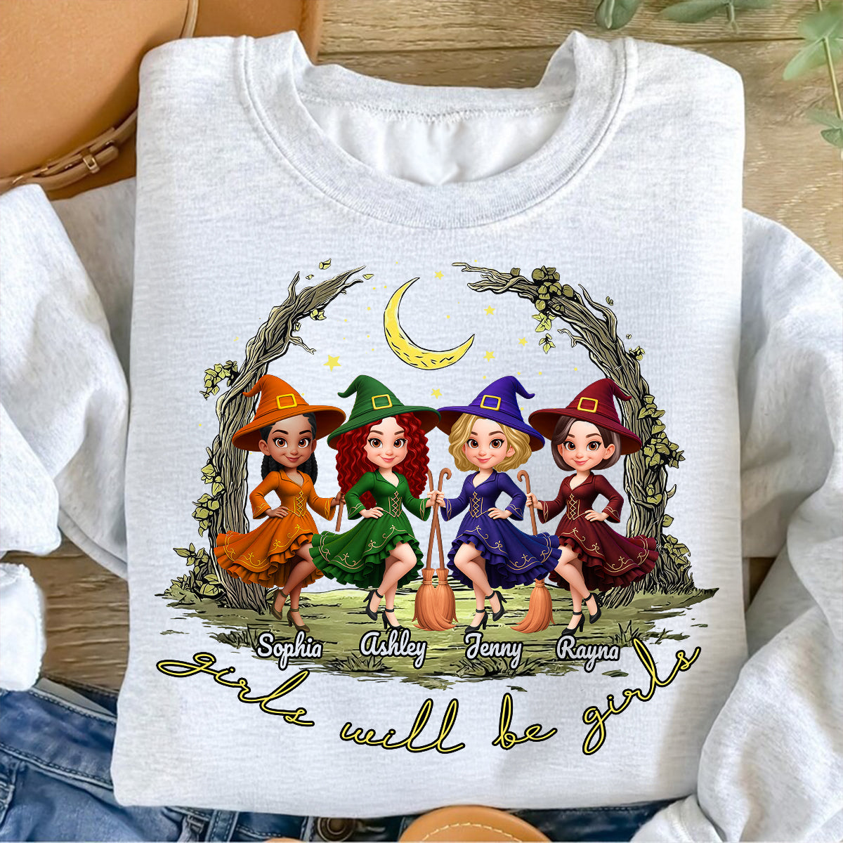 Halloween Witch Besties Sisters Friends Under Moon Personalized Sweatshirt, Halloween Matching Shirt — White