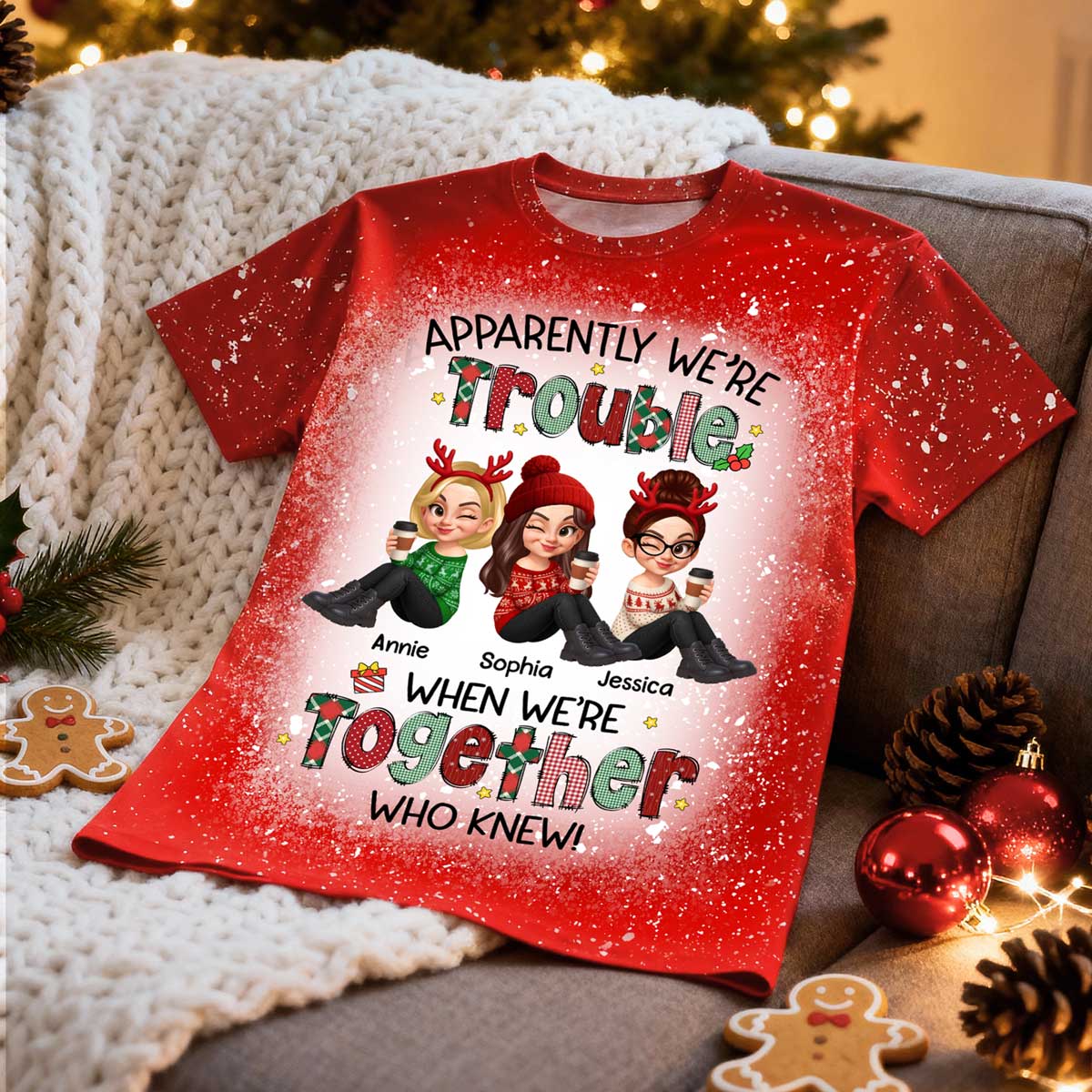 Christmas Besties Apparently We're Trouble When We're Together - Personalized Shirt - Gift For Best Friends, Matching Group Shirts — White
