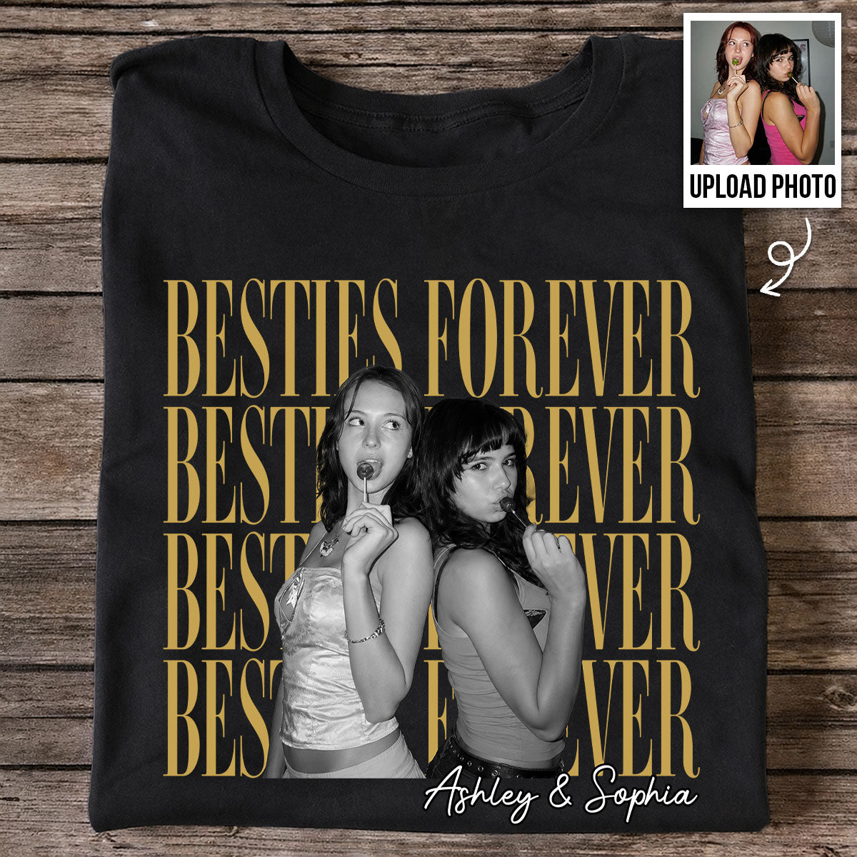 Retro Vintage Besties Upload Photo - Personalized Shirt - Birthday Gift For Best Friends, Matching Friends Group T-shirt — Black