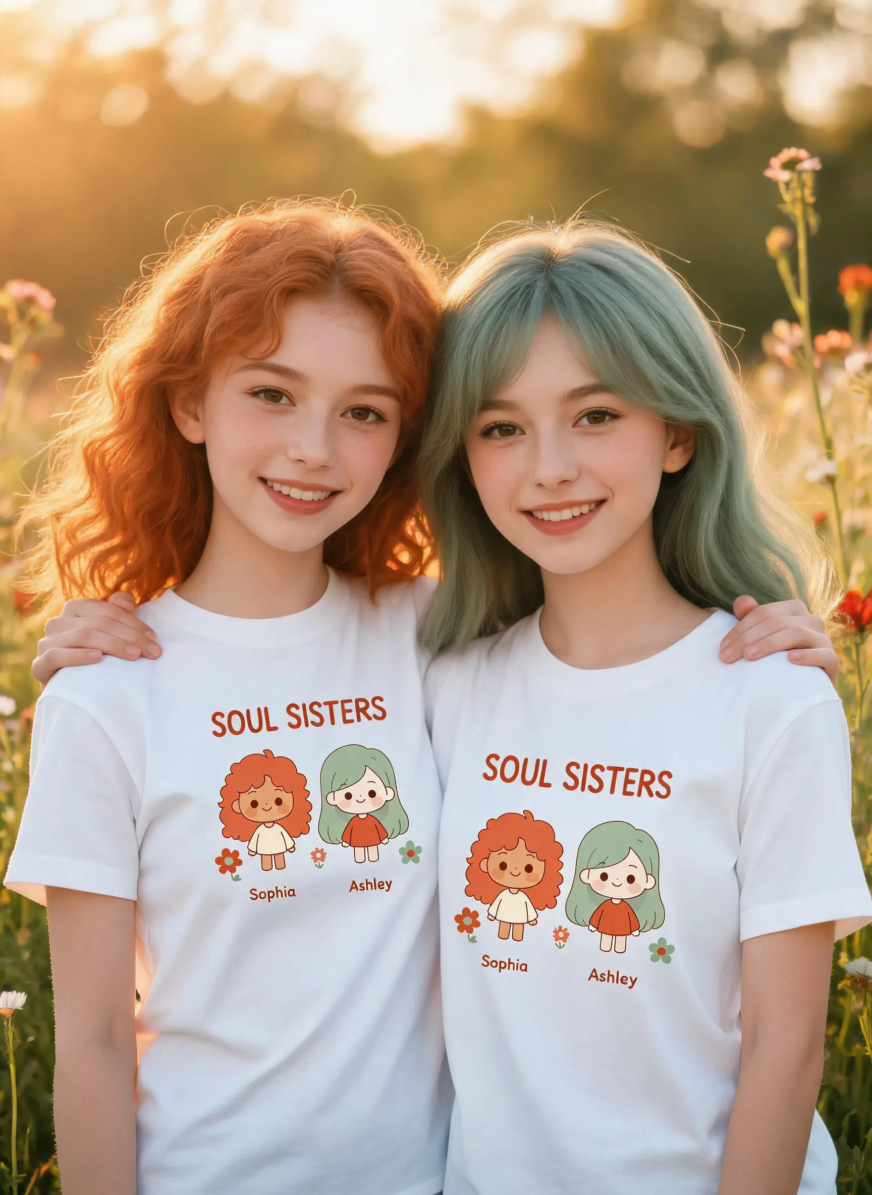 T-shirt bohème personnalisé Soul Sisters - Cadeau Photo & Prénoms pour Meilleures Amies — Blanc
