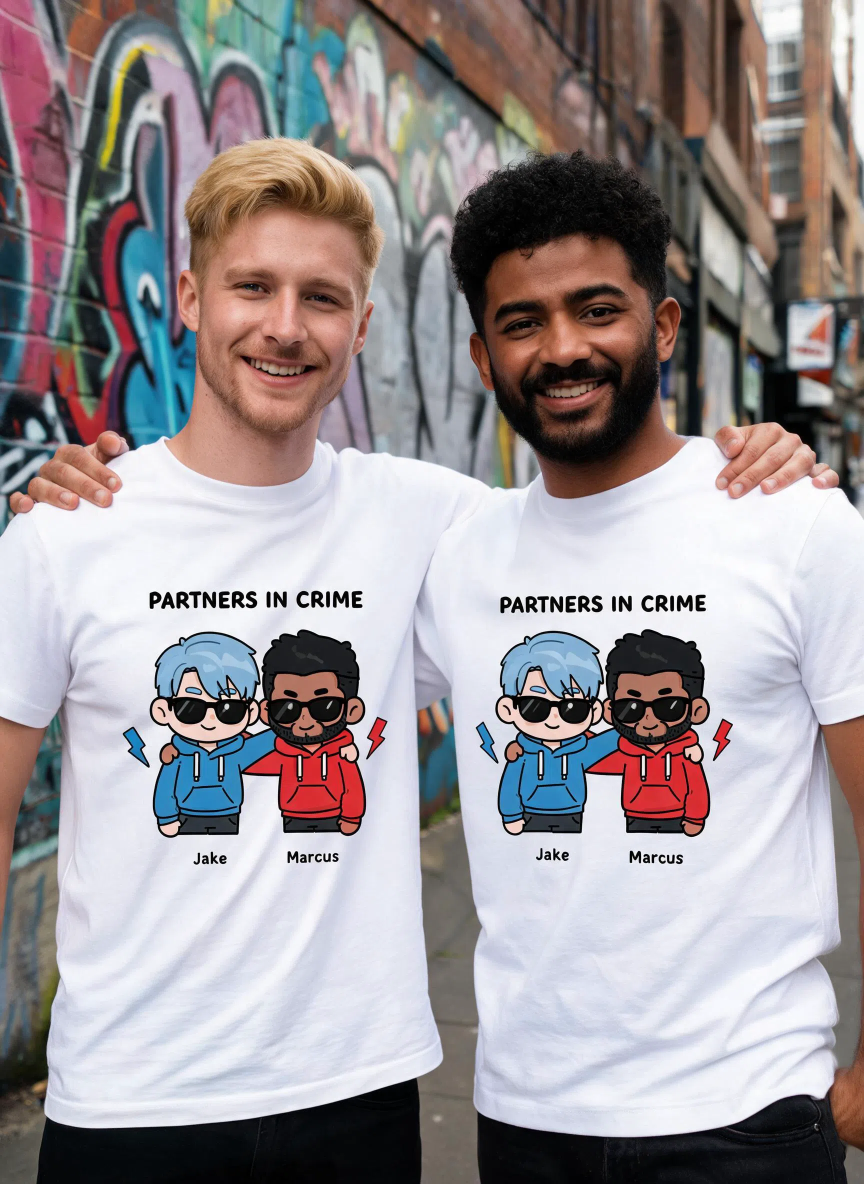 T-shirt assorti personnalisé Partners In Crime - Cadeau Photo & Noms personnalisés pour meilleurs amis — Blanc
