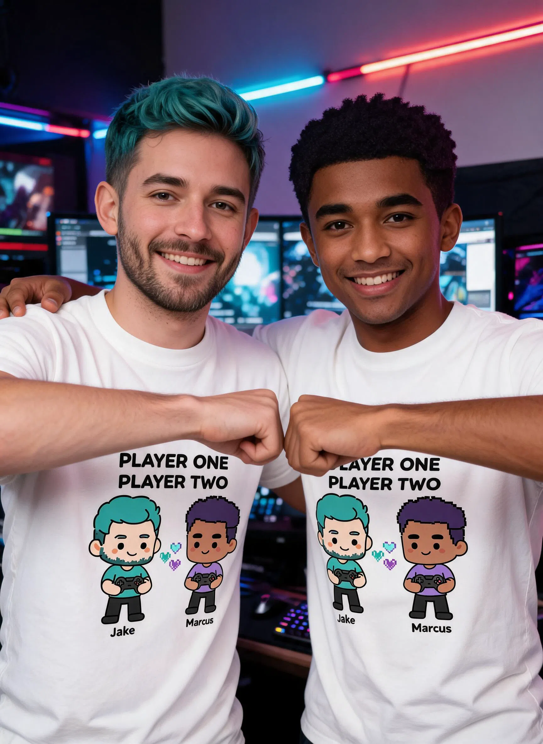 T-shirt de jeu personnalisé Joueur 1 Joueur 2 - Cadeau assorti Photo & Noms personnalisés pour potes gamers — Blanc