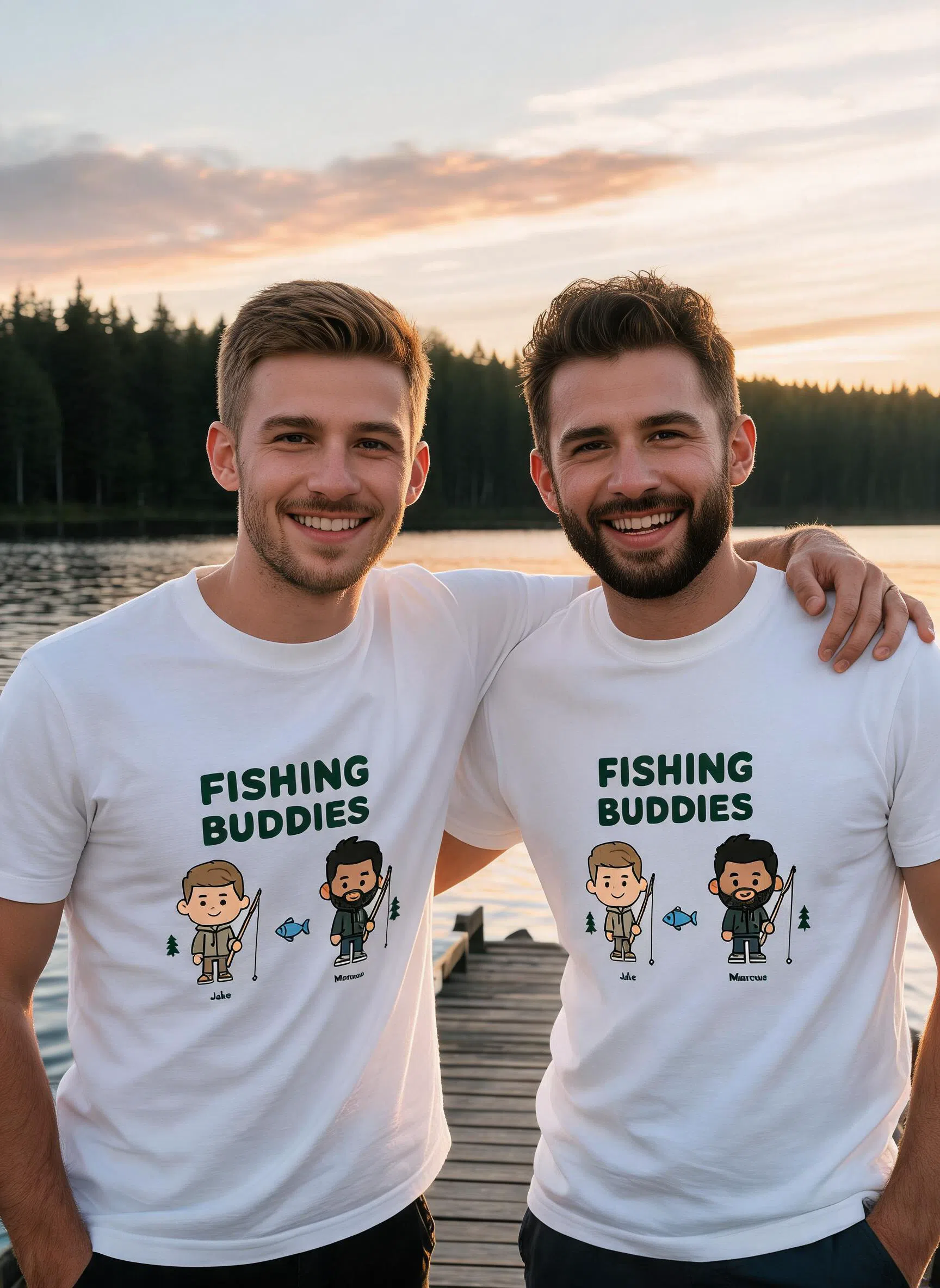 T-shirt personnalisé Potes de pêche - Cadeau Photo & Noms Personnalisés pour Meilleurs Amis & Papa — Blanc