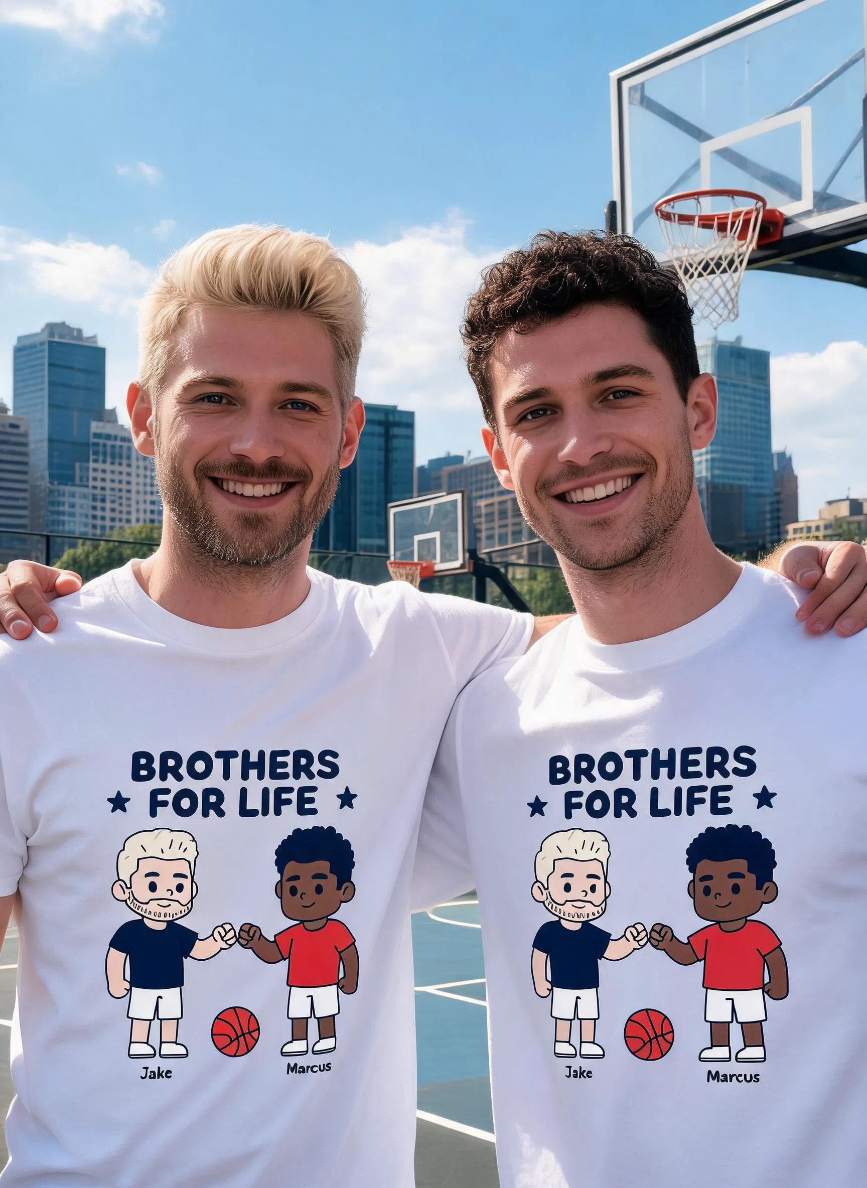 T-shirt de basket personnalisé Brothers For Life - Cadeau personnalisé photo & prénoms pour frères & meilleurs amis — Blanc