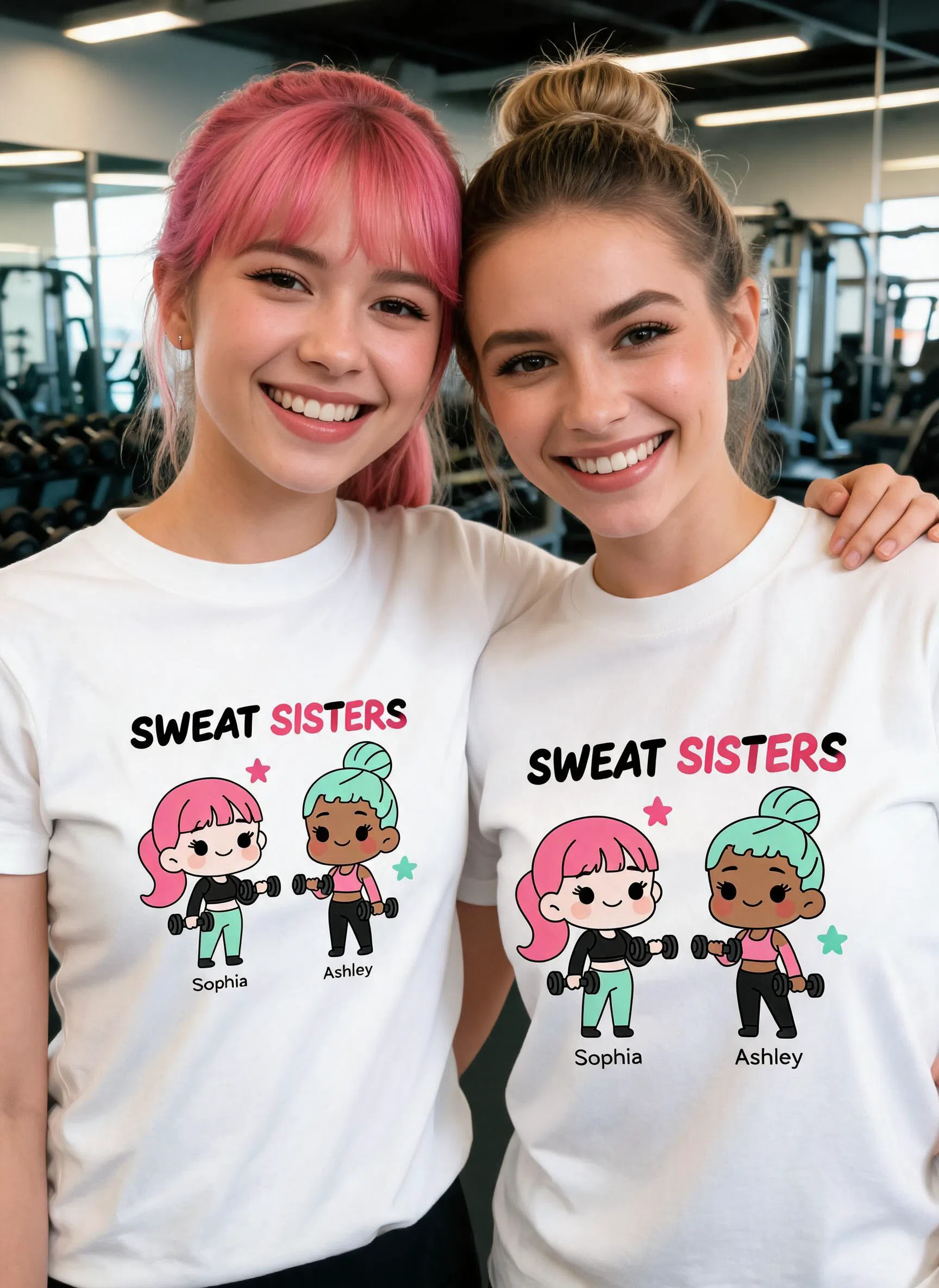 Sweat Sisters Personalized Gym Shirt - Custom Photo & Names Matching Gift for Workout Besties — White