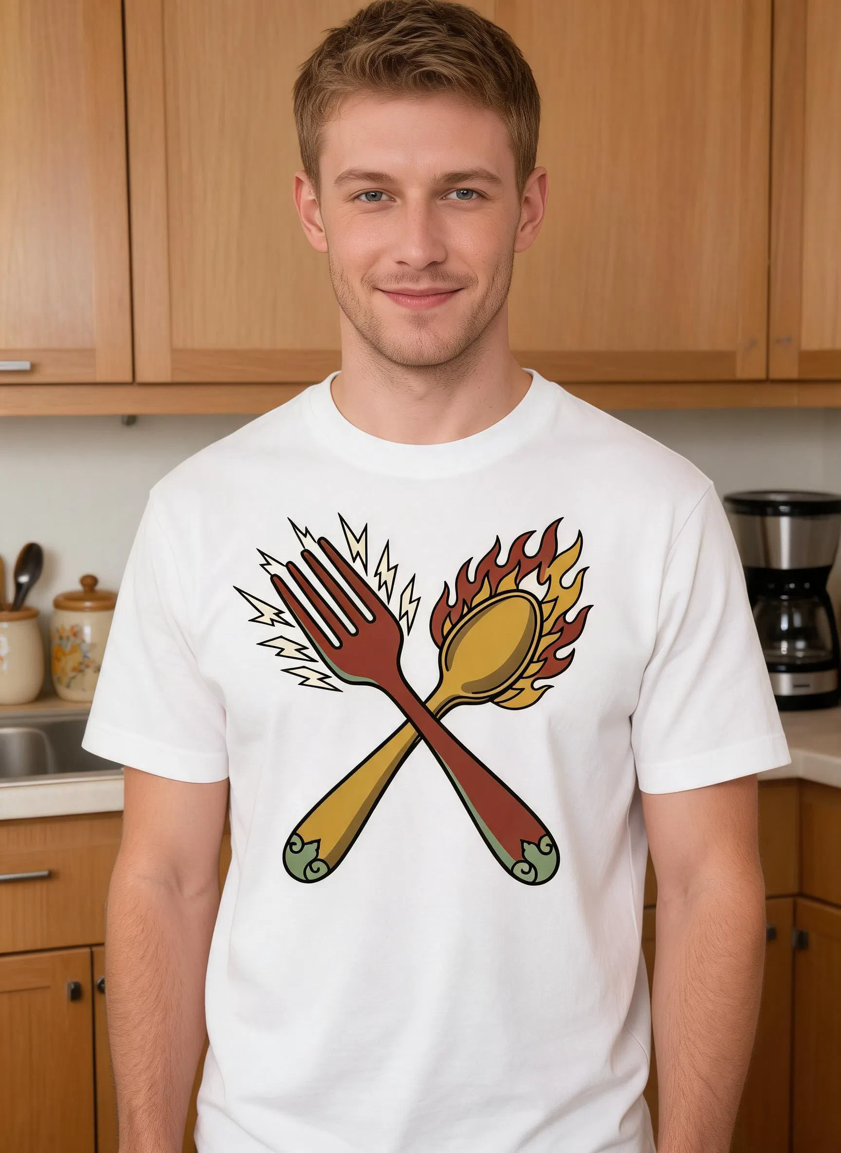 T-shirt graphique Fourchette vs Cuillère - T-shirt emblème gourmand rétro amusant — Blanc