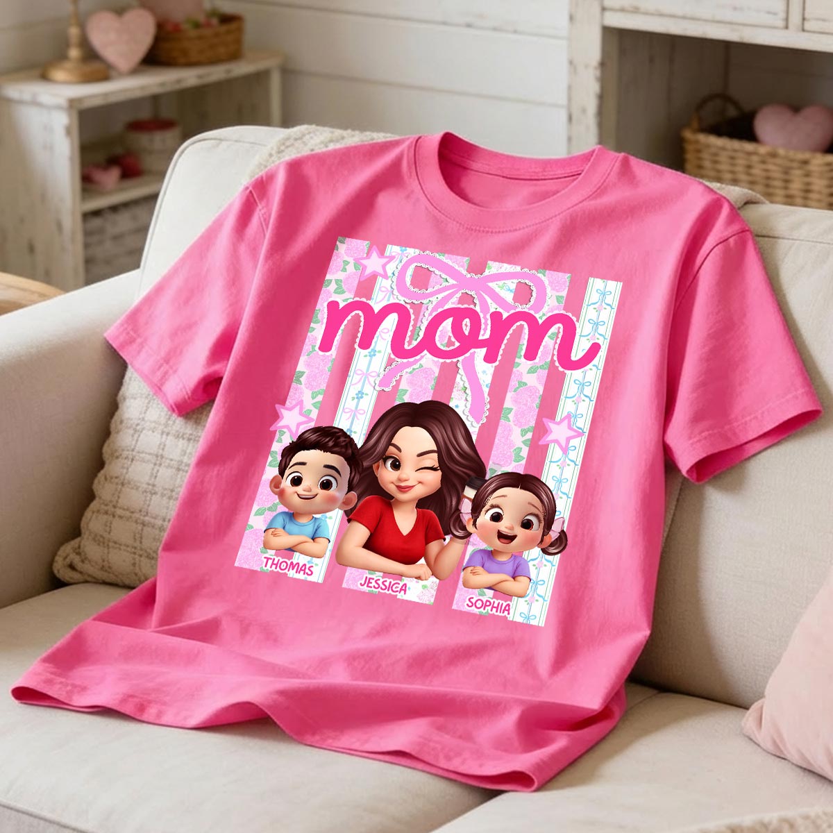Mom Grandma Striped Coquette Floral - Personalized Shirt - Mother's Day Gift For Mom Grandma — White
