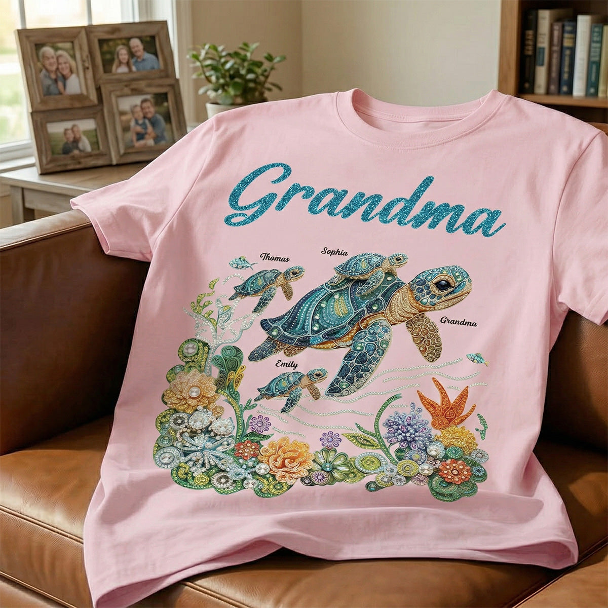 Mom Grandma Sea Turtle Rhinestones Style 2D Printed - Personalized Shirt - Mother's Day Gift For Mom Grandma — White