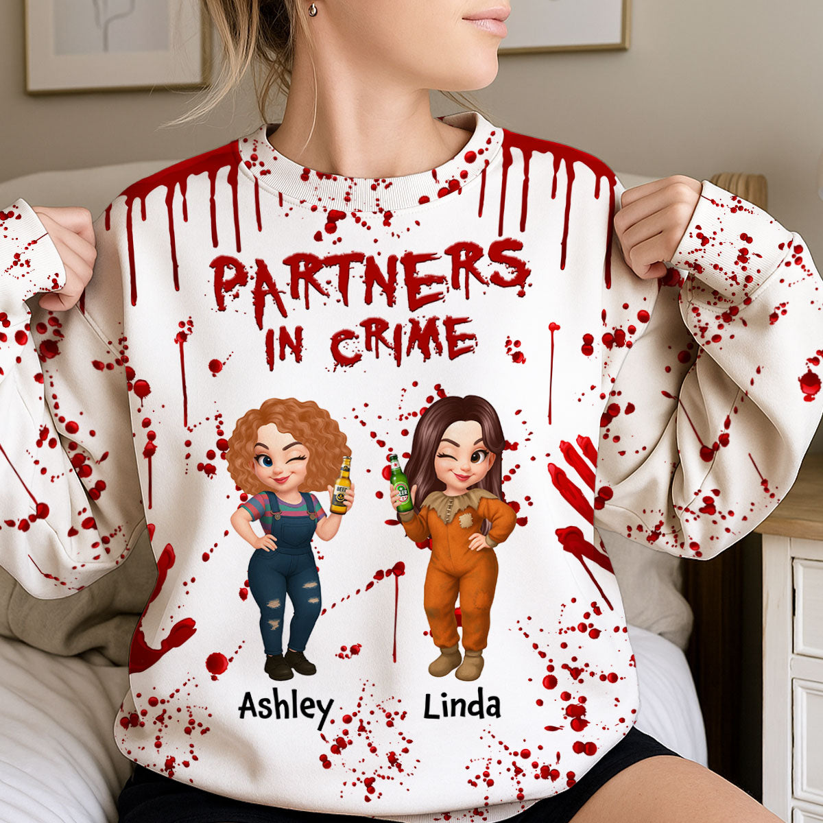 Halloween Effrayant Complices Meilleures Amies Sœurs Sweatshirt 3D Personnalisé — Blanc
