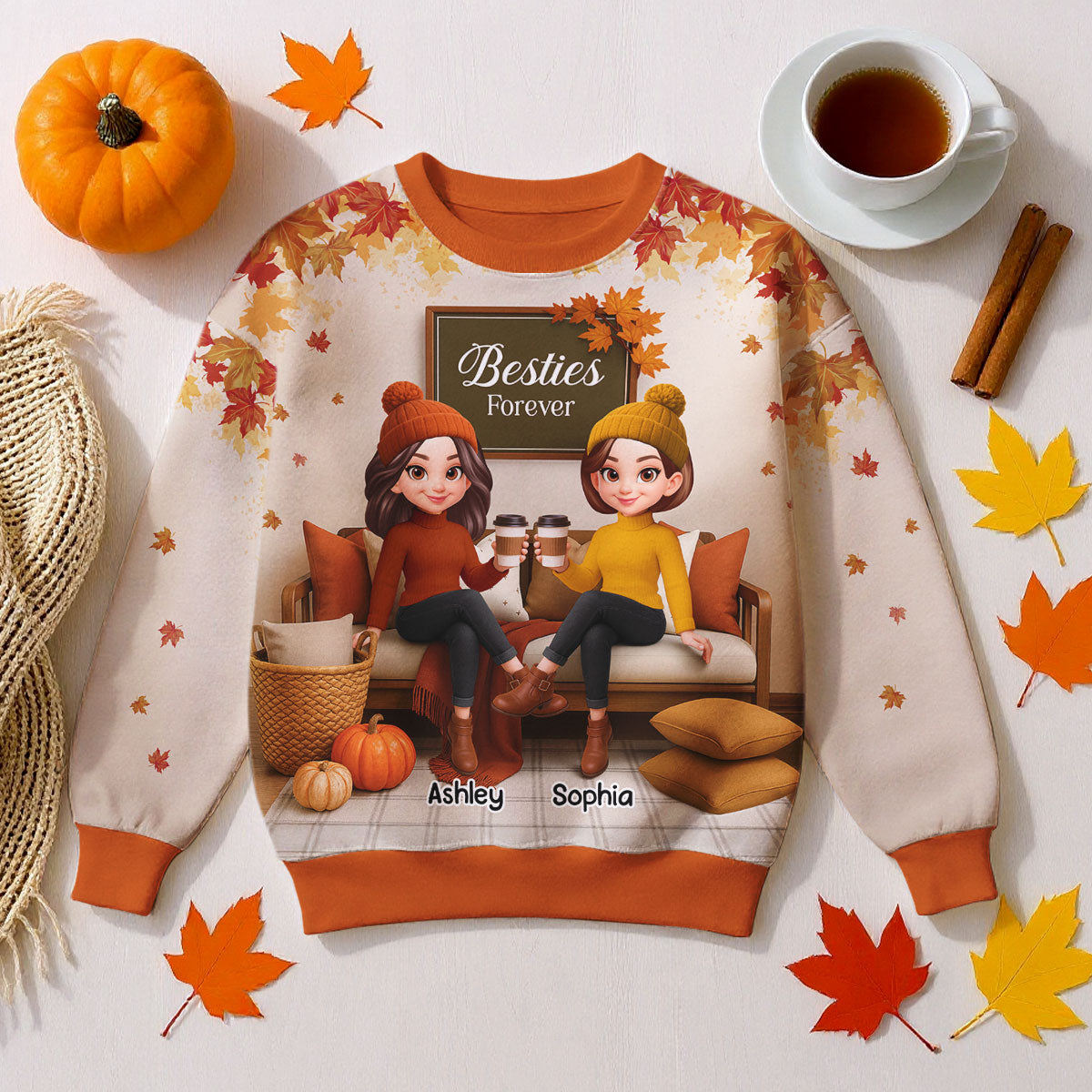 Saison d'Automne Sœurs Meilleures Amies Assises Sur Un Canapé Douillet Sweatshirt 3D Personnalisé — Sable