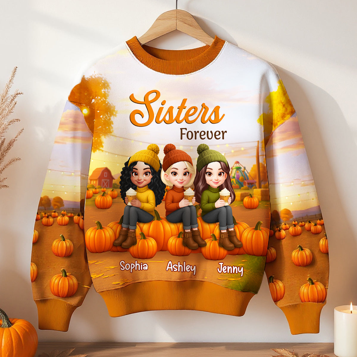 Sweat-shirt 3D personnalisé Meilleures amies assises sur des citrouilles saison d'automne — Blanc