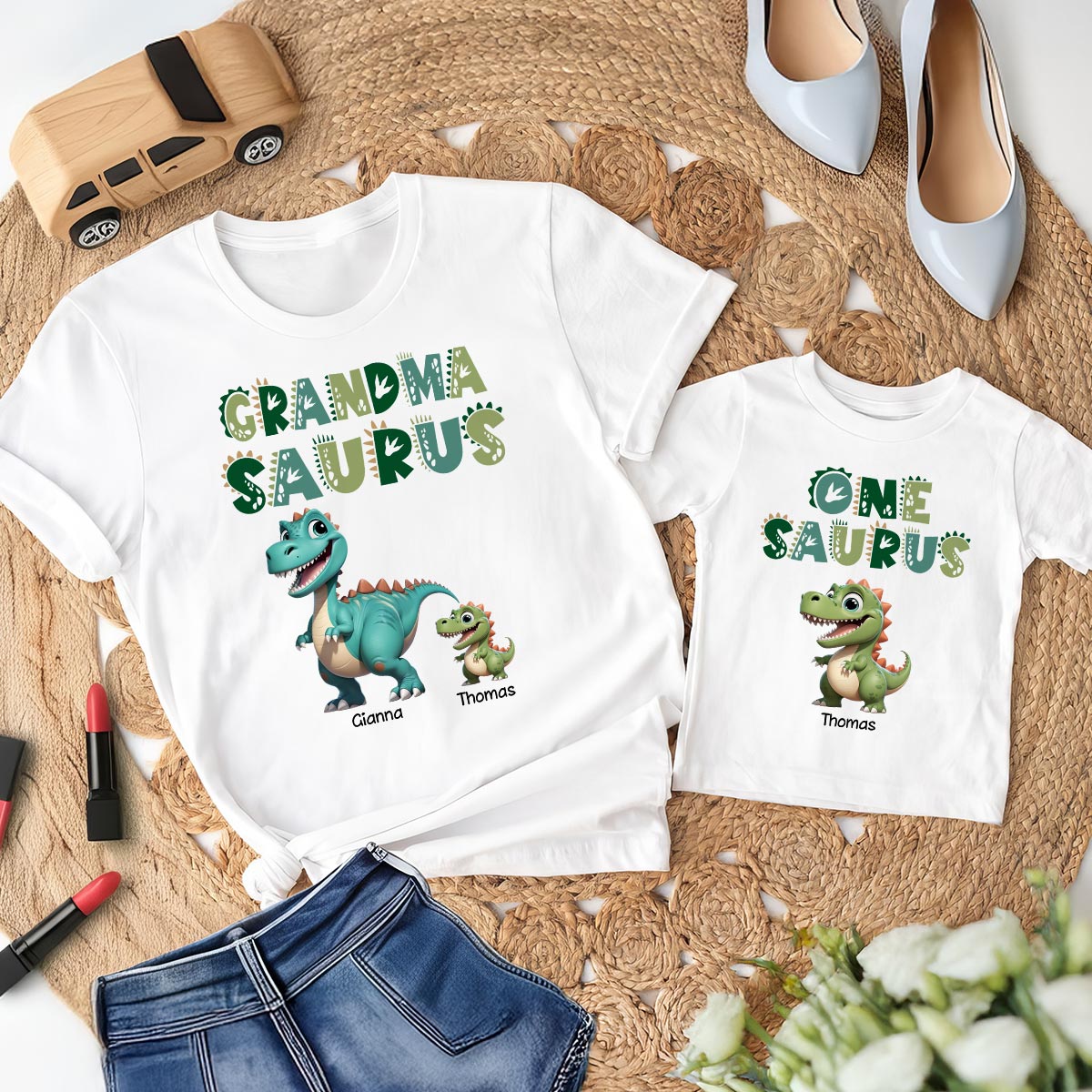 T-shirts personnalisés Effet 3D Mamiesaurus Et Bébésaurus [Lot de 2 T-shirts] — Blanc