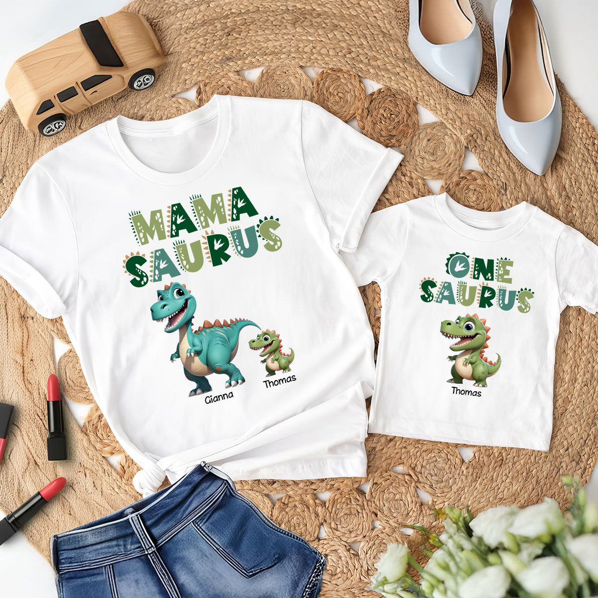 T-shirts personnalisés Effet 3D Mamasaurus Et Babysaurus [Lot de 2 T-shirts] — Blanc