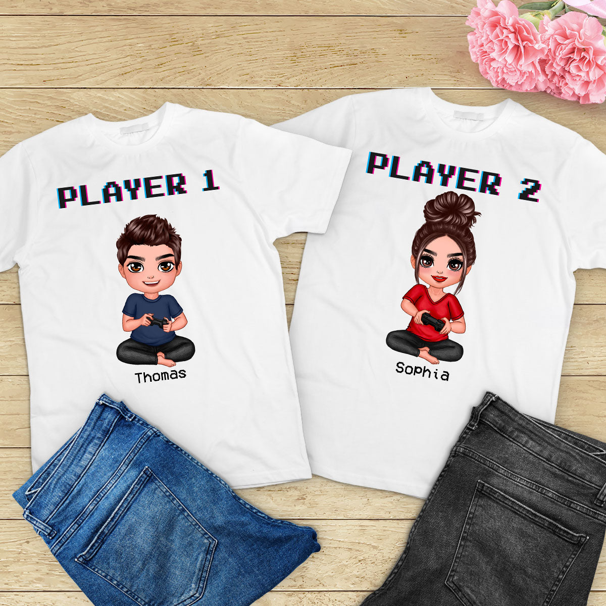 Couple Gaming Joueur 1 Joueur 2 Saint-Valentin T-shirts assortis personnalisés [Lot de 2 T-shirts] — Blanc