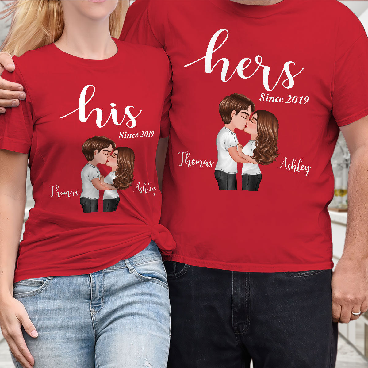 T-shirts assortis personnalisés pour couple Lui Elle pour la Saint-Valentin [Lot de 2 T-shirts] — Blanc