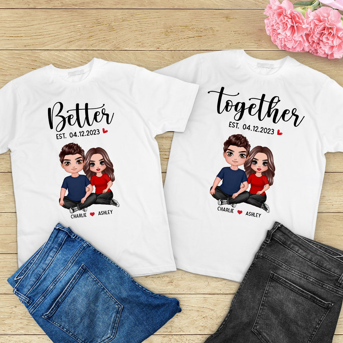 Better Together 坐姿相拥情侣公仔 情人节情侣礼物 定制同款T恤 [2件套装] — 白色