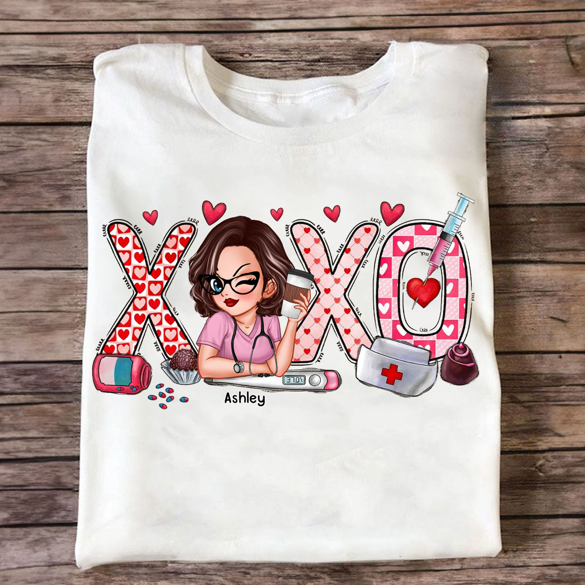 XOXO Infirmière Saint-Valentin T-shirt, Sweat-shirt, Cadeau personnalisé pour infirmières — Blanc