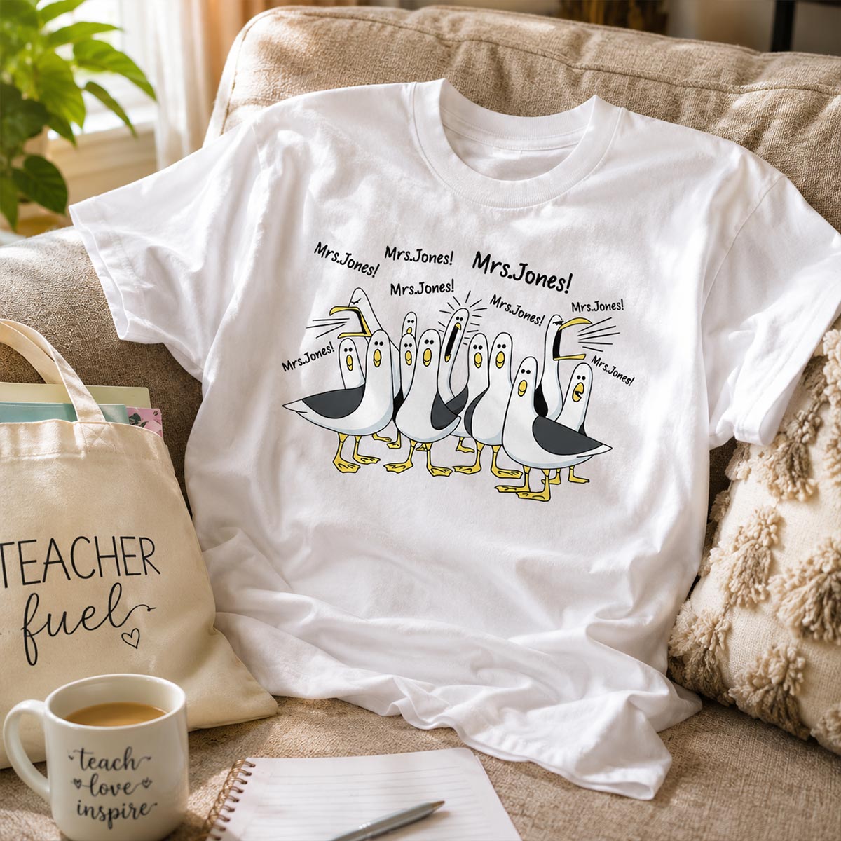 Drôles de mouettes appelant le professeur - T-shirt personnalisé - Cadeau amusant pour professeurs, Cadeau de reconnaissance — Blanc
