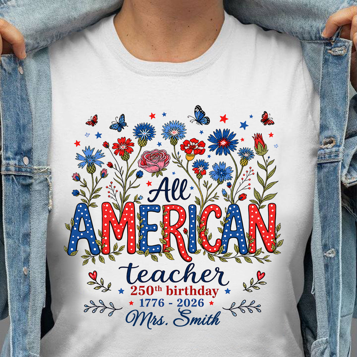 All American Teacher 250e Anniversaire - T-shirt Personnalisé - T-shirt Patriote USA, T-shirt Rentrée Scolaire — Blanc