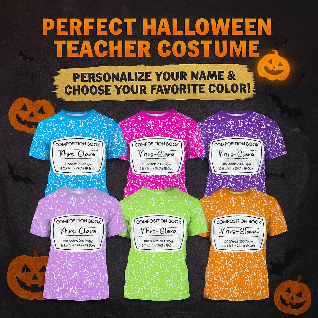 T-shirt de groupe assorti personnalisé thème cahier de composition, déguisement d'Halloween pour enseignants — Bleu Clair