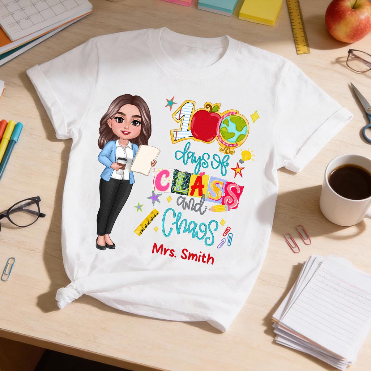 100 Jours De Classe & Chaos Enseignant - T-Shirt Personnalisé - Célébration Des 100 Jours D'École — Blanc