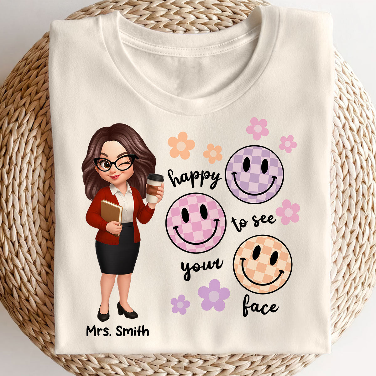 T-shirt personnalisé Heureux de voir ton visage Smiley, T-shirt de rentrée scolaire pour enseignants — Blanc