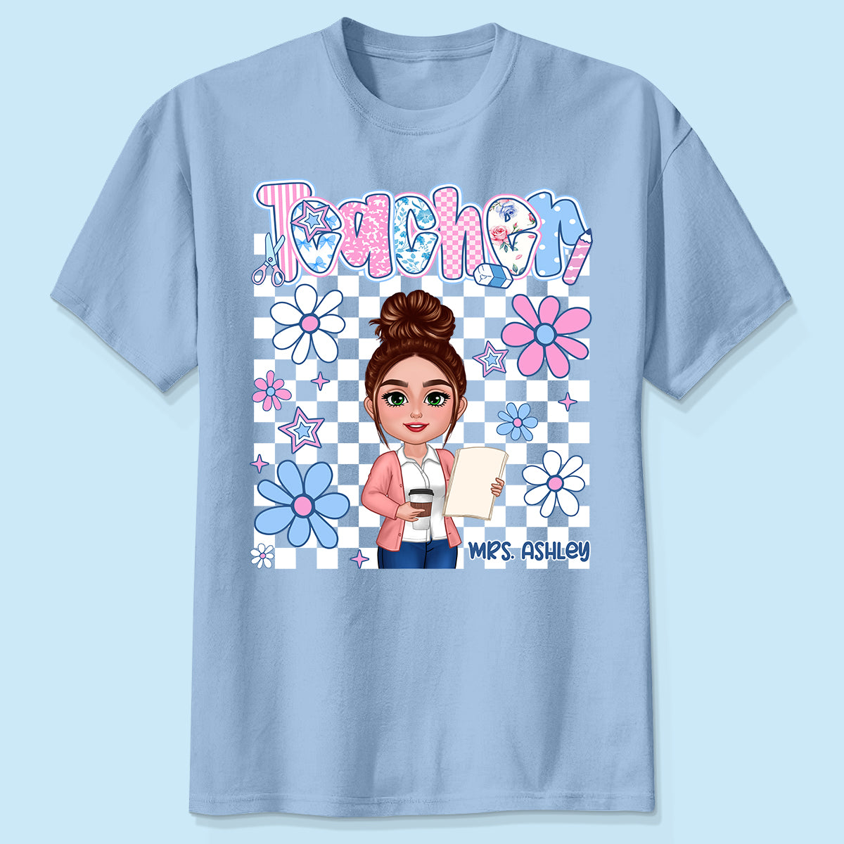 Chemise Personnalisée Enseignant Style Preppy Bleu Pastel Et Rose | Cadeau De Rentrée Pour Enseignant — Bleu Clair