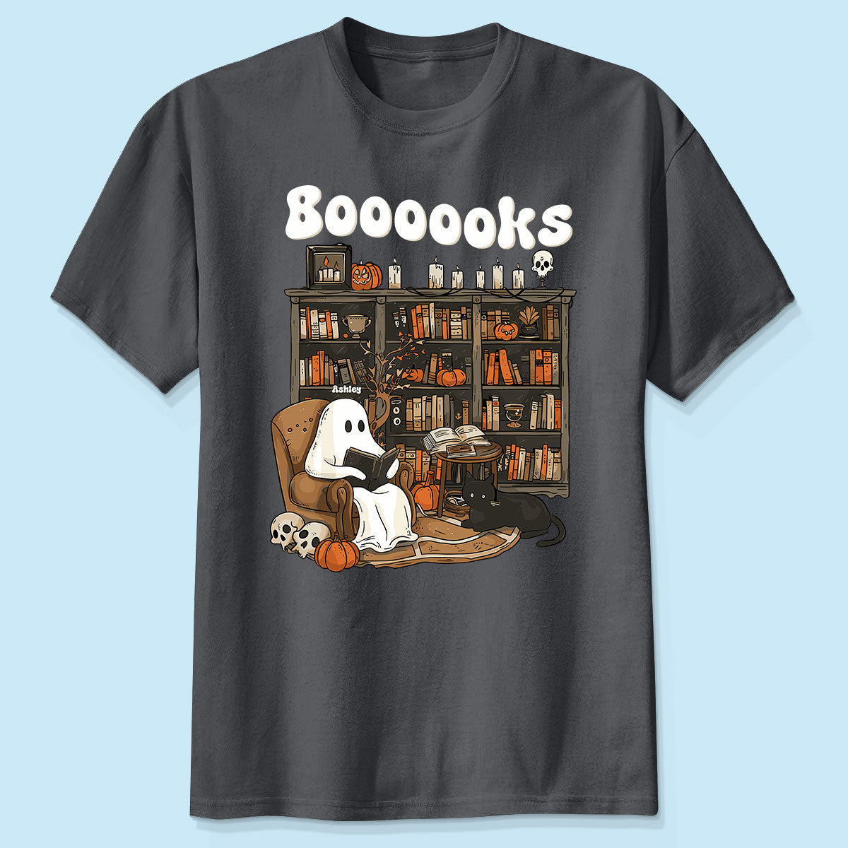 Booooks Fantôme Rétro Lisant des Livres T-shirt Halloween Personnalisé pour Amateur de Livres, Bibliothécaire, Enseignant — Sport Grey