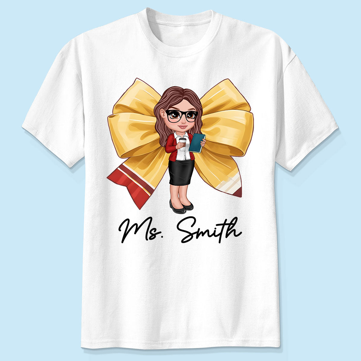 T-shirt Personnalisé Noeud Coquette Crayon, Cadeau de Remerciement pour Enseignant — Blanc