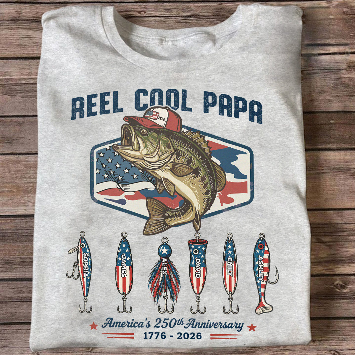 Papa Papy Reel Cool Noms d'Enfants Personnalisés - T-Shirt Personnalisé - Cadeau 250e Anniversaire Américain Pour Patriotes — Gris Sport