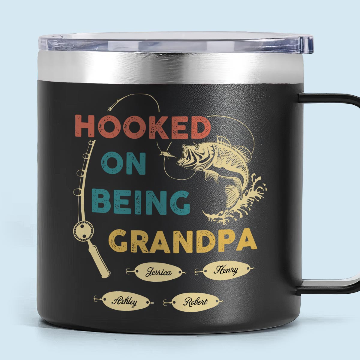 Gobelet en acier inoxydable personnalisé avec anse Hooked On Being Grandpa Fishing — Noir