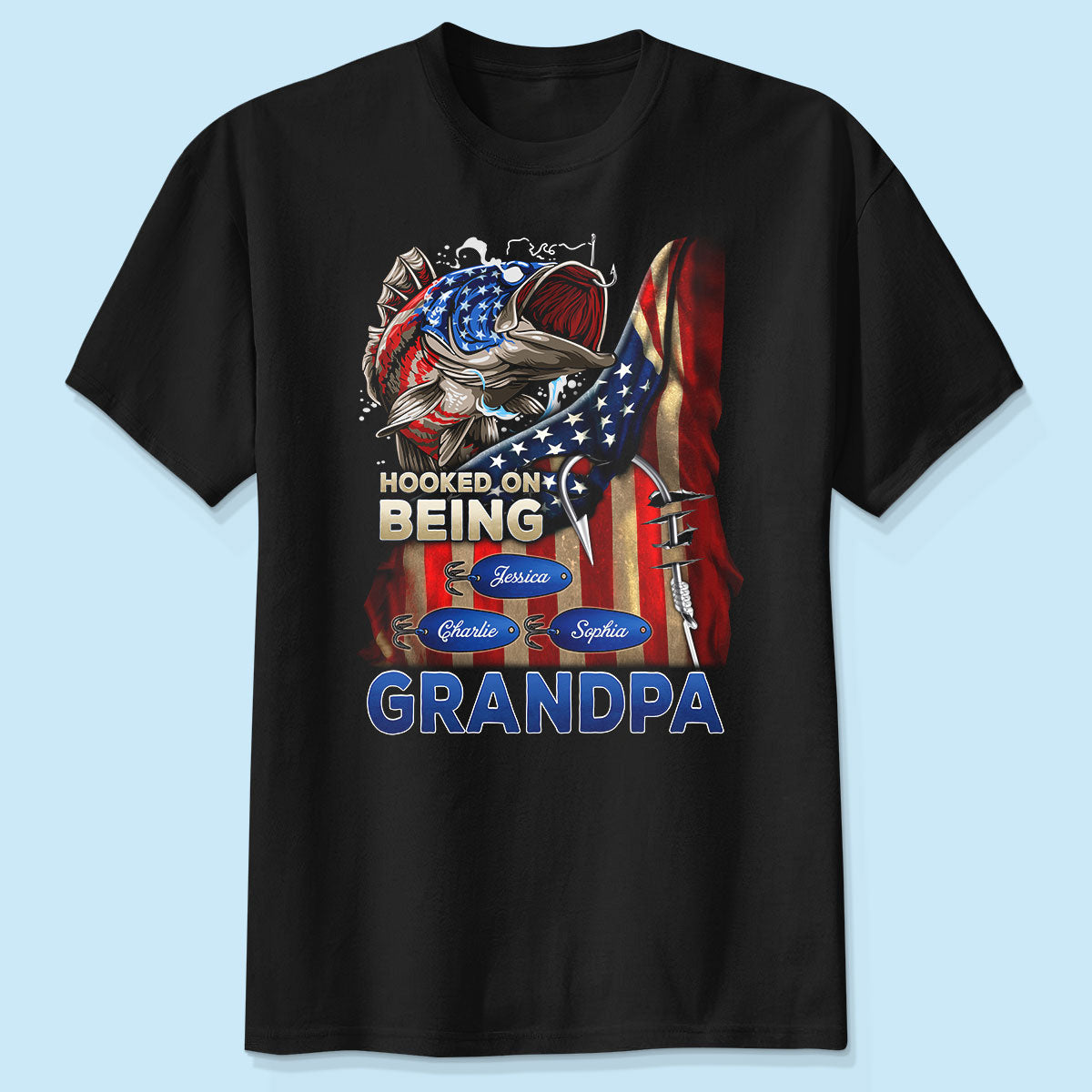T-shirt personnalisé Mordu de la pêche Papa Grand-père Drapeau national — Noir