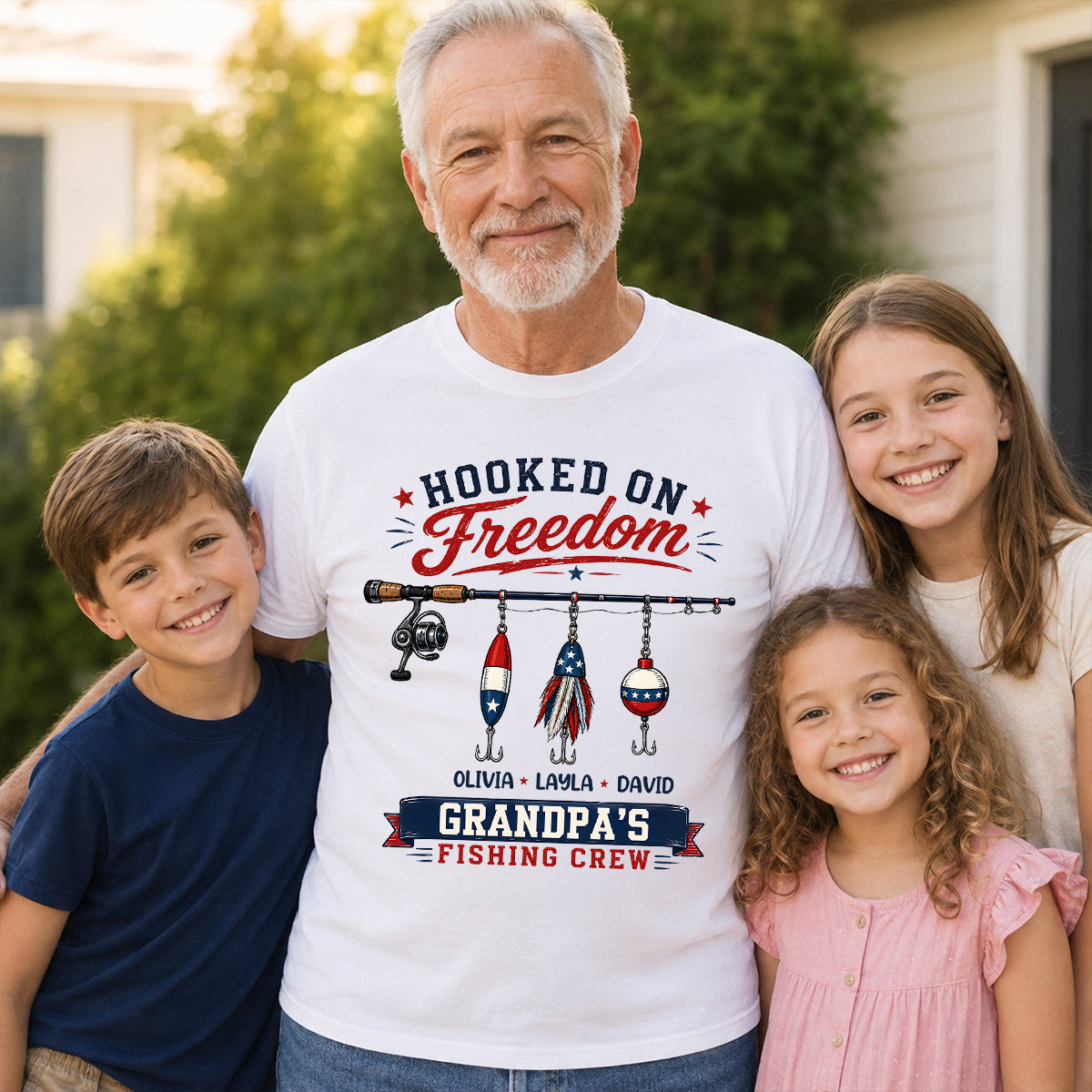 Papy Pêcheur Accroché à la Liberté - T-shirt Personnalisé - T-shirt Patriote 250e Anniversaire — Blanc