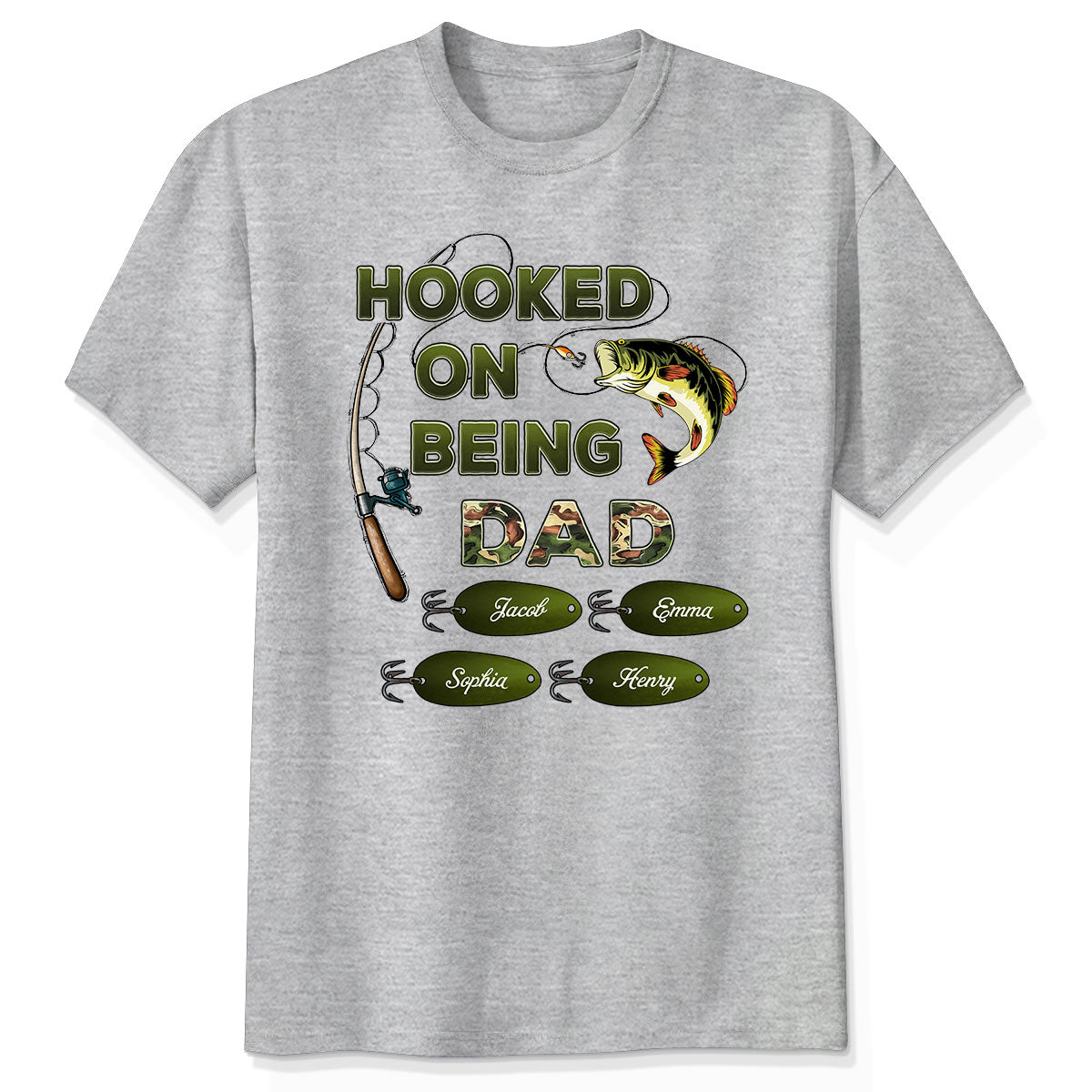 Hooked On Being Dad Grandpa Fishing Camouflage Personalized Shirt, Cadeau pour papa, mari, grand-père — Gris sport