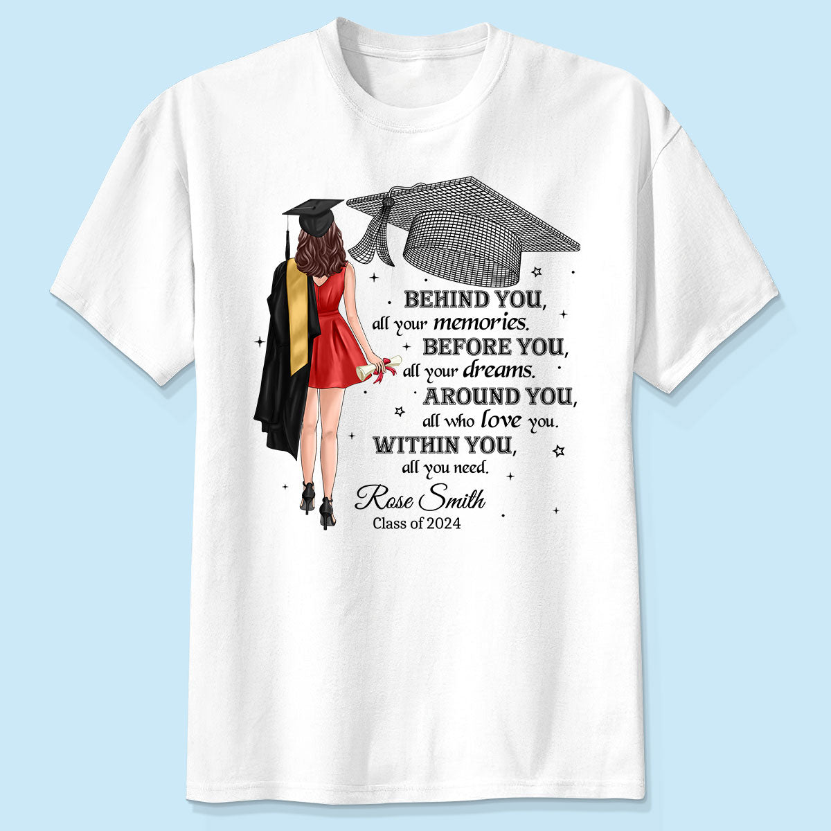 Derrière Toi Tous Tes Souvenirs Cadeau de Diplôme T-Shirt Personnalisé — Blanc