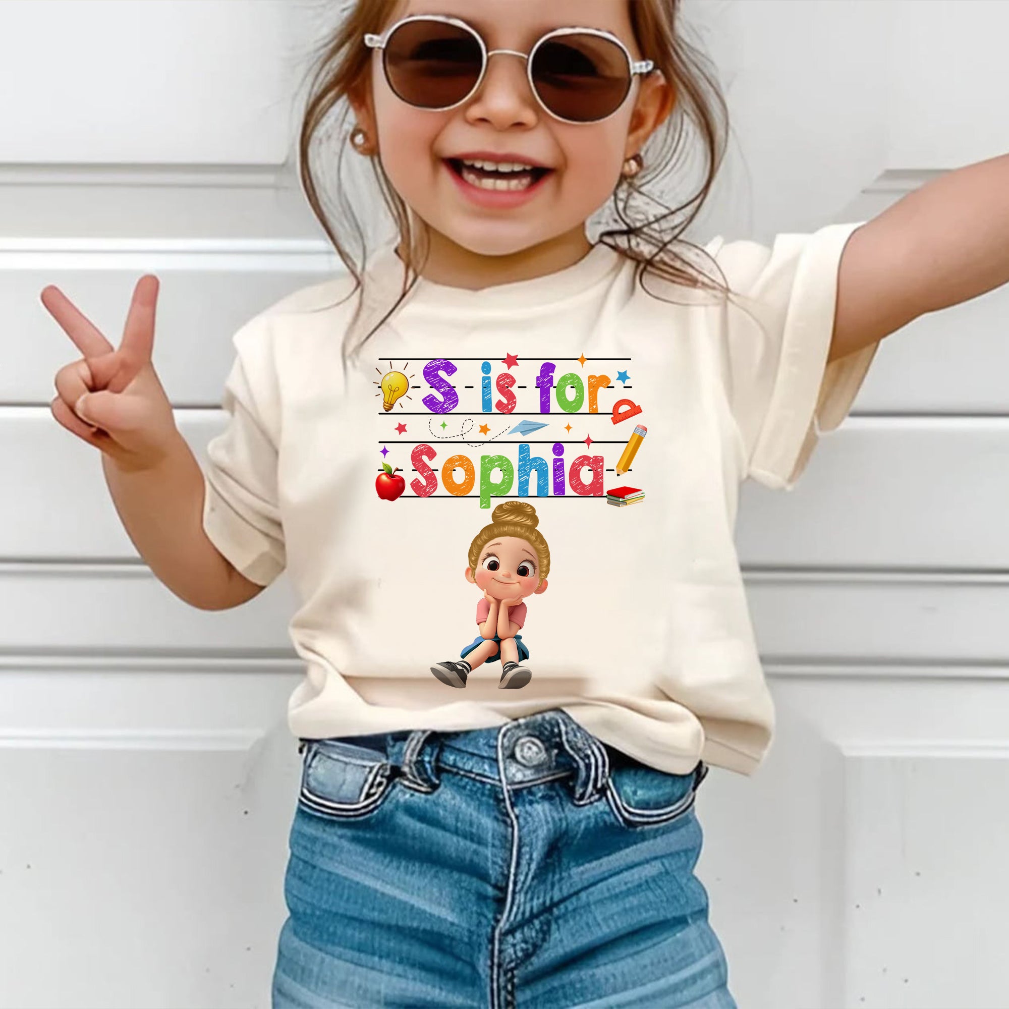T-Shirt Enfant Nom Personnalisé Rentrée Scolaire, T-Shirt Enfant Alphabet Personnalisé — Blanc
