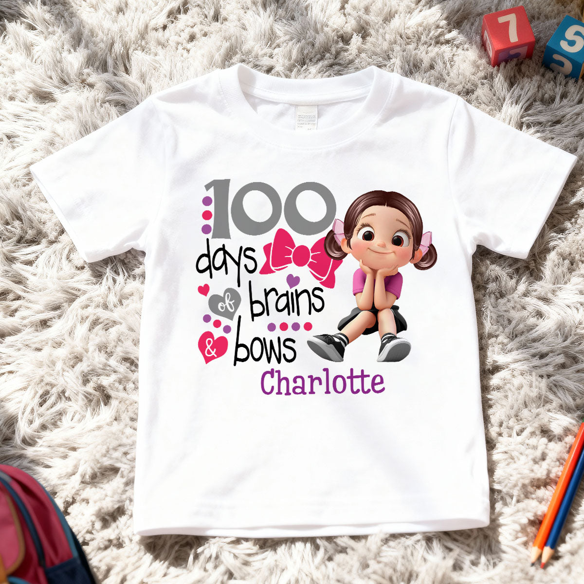 100 Days Brains & Bows Adorable Petite Fille - T-Shirt Enfant Personnalisé - 100 Jours d'École Pour Fille, Petite-Fille — Blanc
