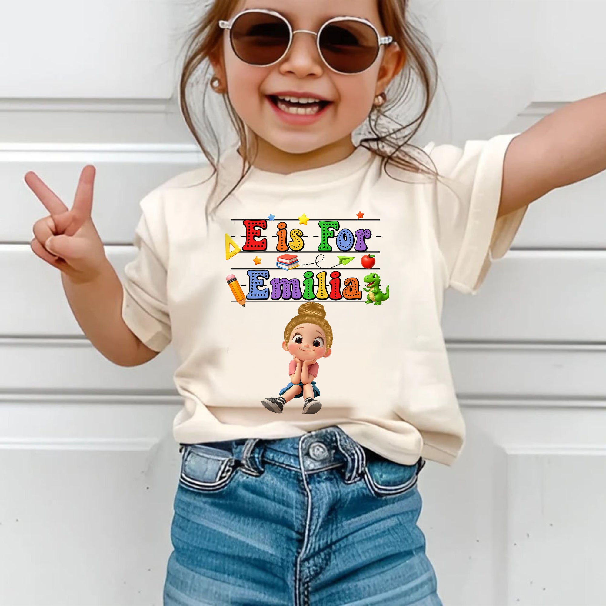 T-shirt Enfant Rentrée Scolaire, T-shirt Enfant Alphabet Personnalisé — Blanc
