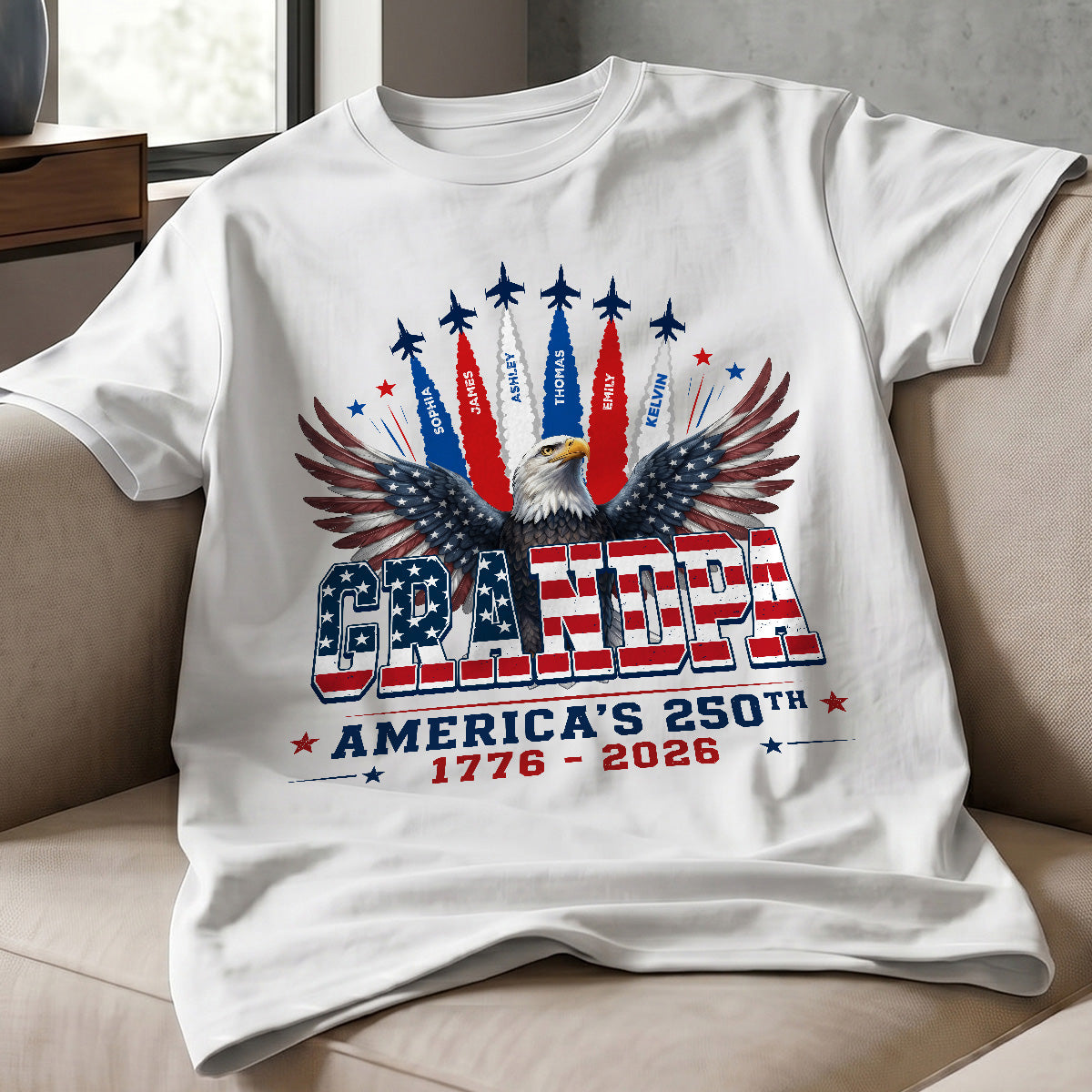 Fier Grand-père Papa Pygargue Jets Fumée Nom Enfant Personnalisé - T-Shirt Personnalisé - Souvenir du 250e Anniversaire Américain Pour Mari, Papa, Grand-père — Blanc