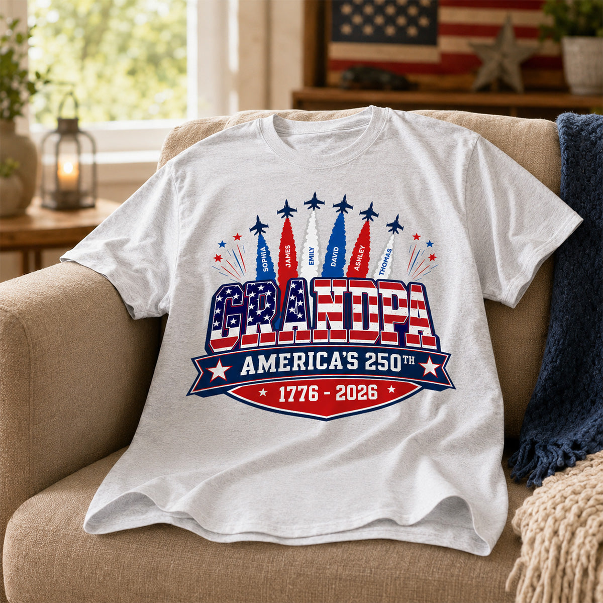 Fier Grand-papa Papa Fumée de Jet Nom Enfant Personnalisé - T-shirt Personnalisé - Souvenir du 250e Anniversaire Américain Pour Mari, Papa, Grand-papa — Gris Sport