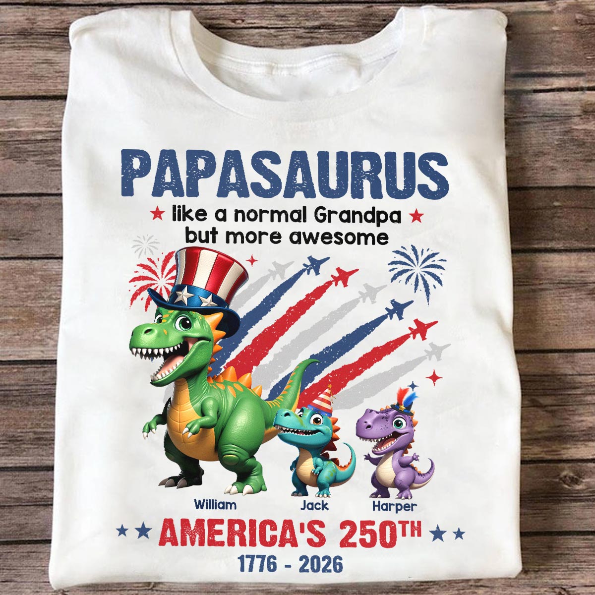 Grandpasaurus Et Enfants Dinosaures Patriotes - T-shirt Personnalisé - Souvenir du 250e Anniversaire de l'Amérique — Blanc
