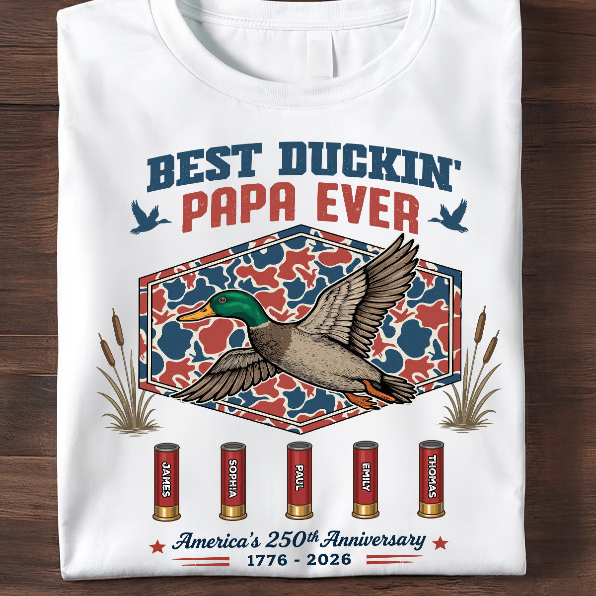 Meilleur Papa Grand-père Duckin' Noms Enfants Personnalisés - T-Shirt Personnalisé - Cadeau 250e Anniversaire Américain Pour Chasse au Canard Patriotique — Blanc
