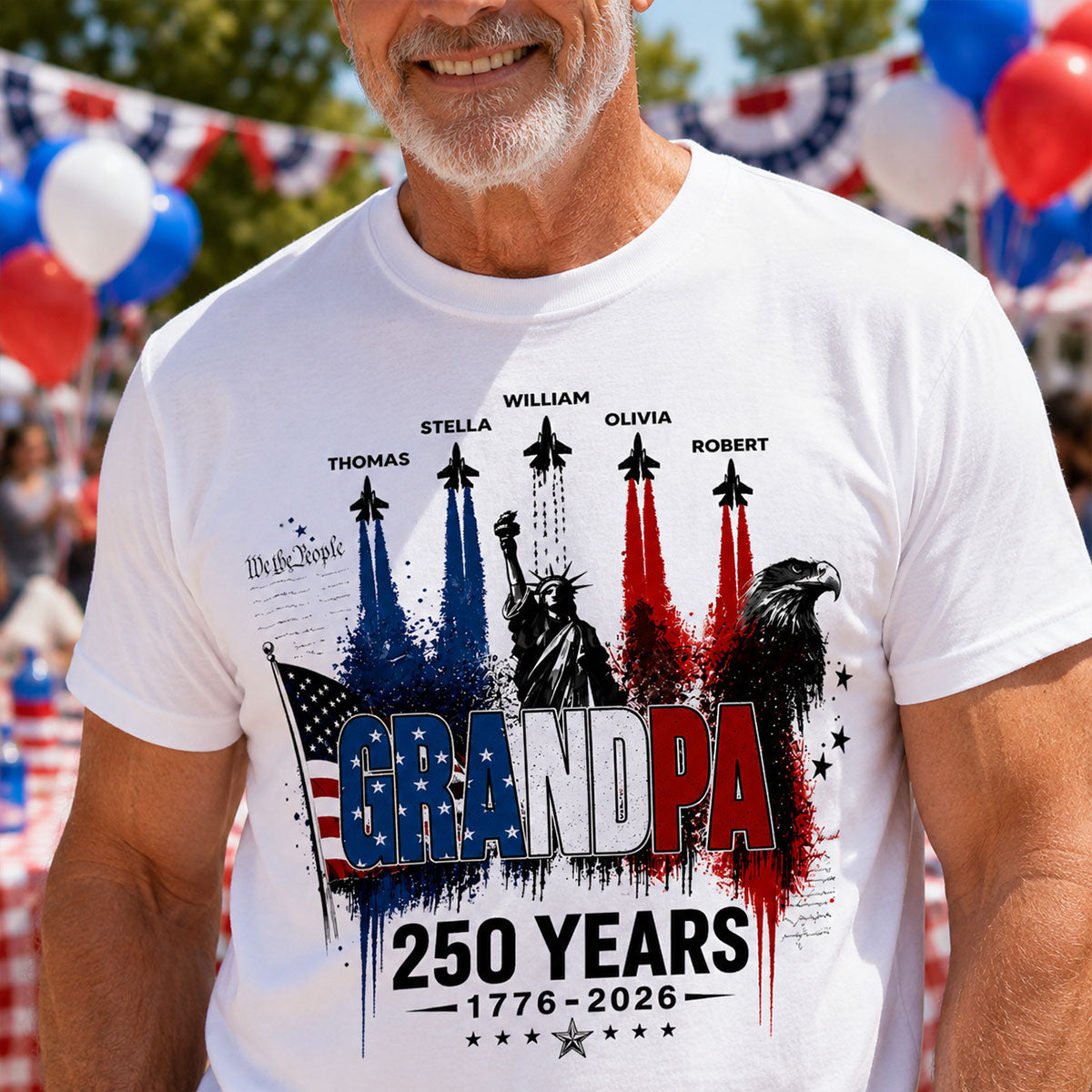 Grand-père Fort et Fier Avion de Chasse Amérique 250e Anniversaire - T-shirt Personnalisé - Cadeau Fête des Pères Pour Papa, Grand-père — Blanc