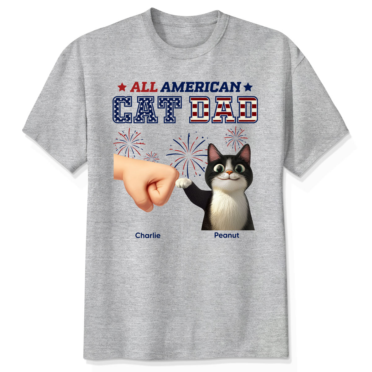 All American Papa Chat Maman Chat Chat Cartoon Coup de Poing T-shirt Personnalisé, Célébration du 4 Juillet Jour de l'Indépendance — Sport Grey