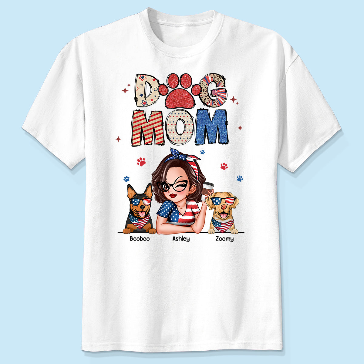 Maman Chien 4 Juillet Amérique Motif Pailleté T-shirt Personnalisé, Jour de l'Indépendance — Blanc