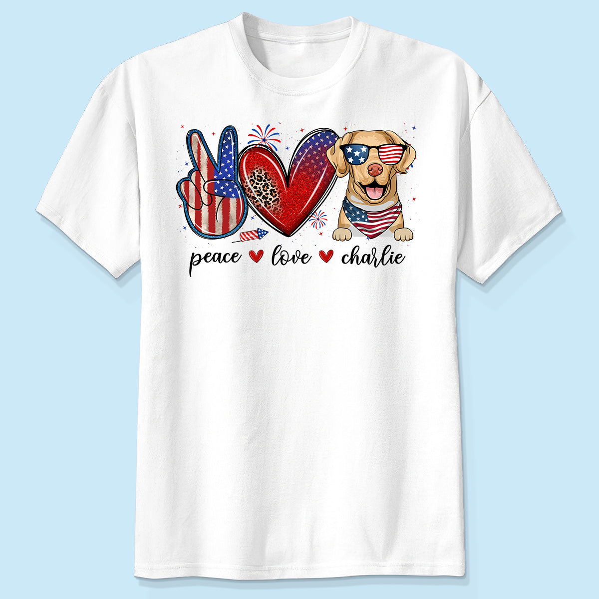 Peace Love Dogs USA Flag Pattern 个性化T恤,狗妈狗爸及爱狗人士的礼物 — 白色