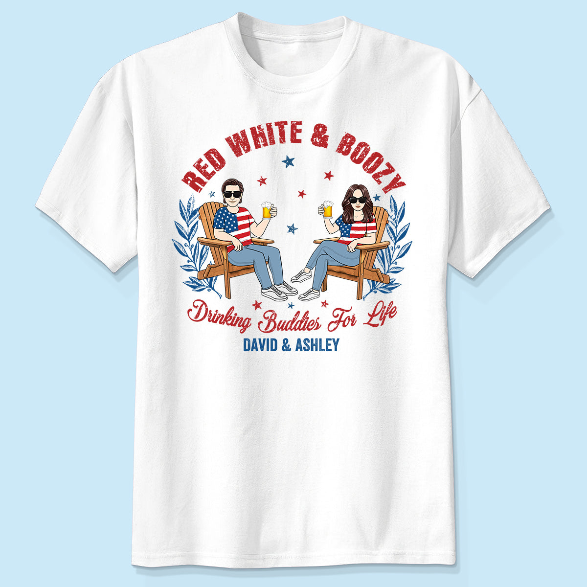 Rouge Blanc & Boozy Beer & Cocktail Club, T-shirt assorti personnalisé pour couples, 4 Juillet — Blanc