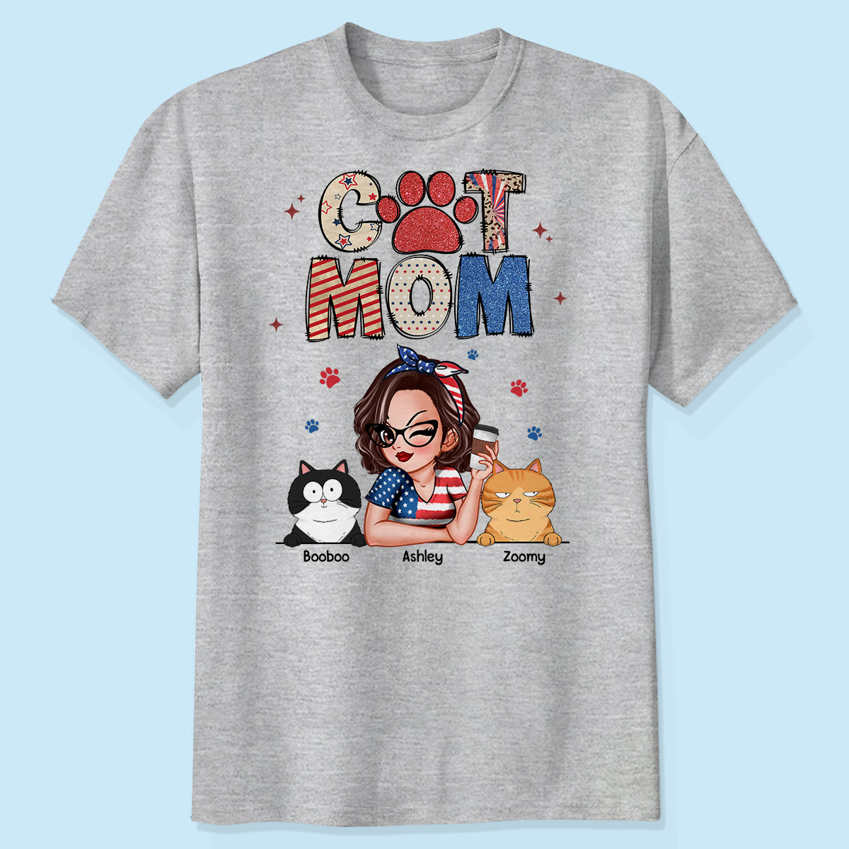 T-shirt Personnalisé à Motifs Pailletés pour Maman Chat, Cadeau Pour Maman Chat — Sport Grey